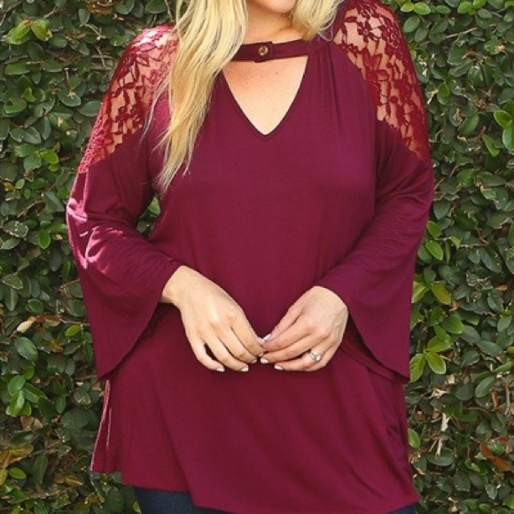 Plus Size Jersey Keyhole Bell Sleeve Tunic Top